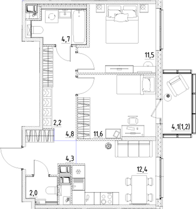 2-комнатная квартира 54.7 м², 8/10 эт., ЖК «Янила Форест»